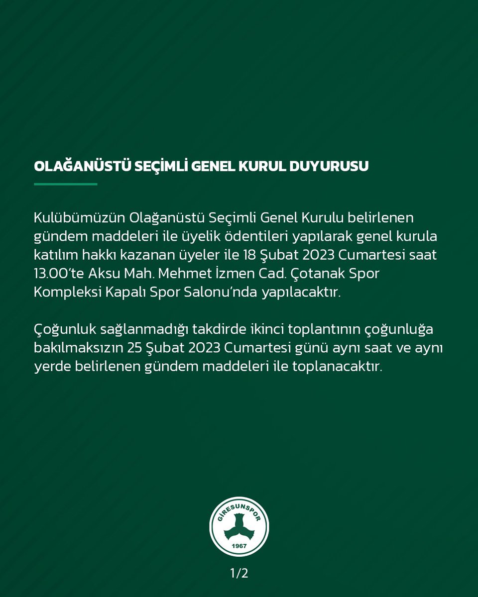 metasportr's tweet photo. 💥| Giresunspor olağanüstü seçimli genel kurul kararı aldığını açıkladı.
#Giresunspor #SüperLig #Metaspor https://t.co/Qg9cNfCT4e