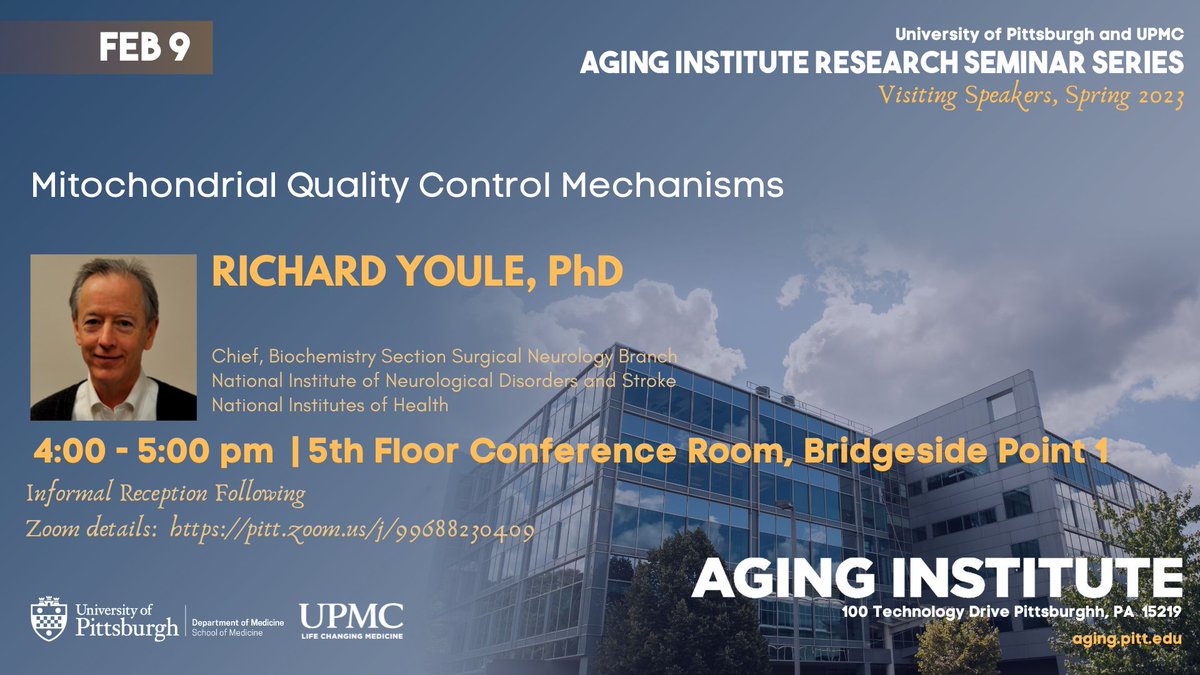 AgingPitt's tweet image. Our next Aging Institute Research Seminar Series is on Thursday, February 9th from 4-5 p.m.!

Dr. Richard Youle (@LabYoule) of the National Institutes of Health (@NIH) will give a talk about mitochondrial quality control mechanisms. Location and Zoom details below!