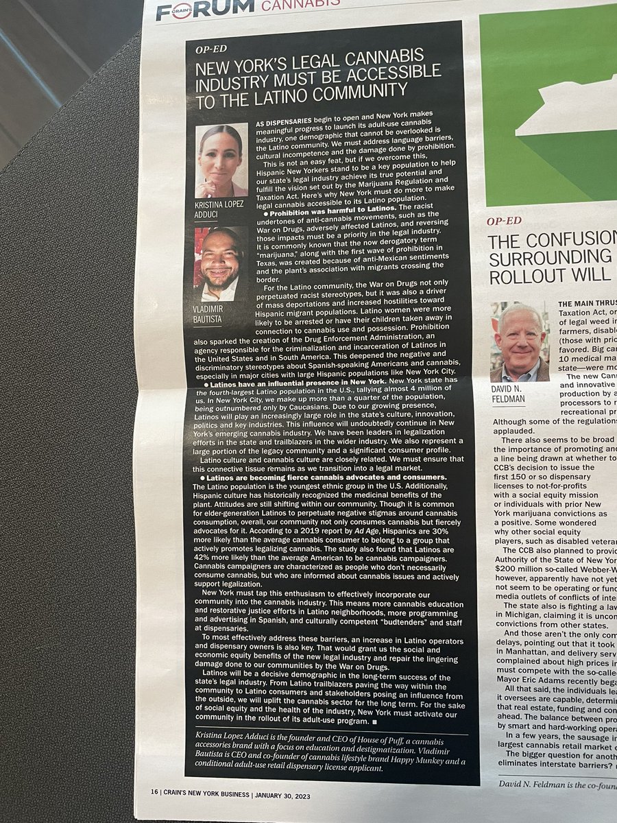 happymunkeyCEO's tweet photo. Check out this print article with myself & Kristina Adduci in Crains this month discussing the importance of Latino representation in the cannabis industry!โ๐พ๐ฝ๐๐ฉ๐ด๐ต๐ท๐๐ฏ๐๐ #crains #happymunkey #houseofpuff #nyc #latinos https://t.co/yWmUaOCyAz