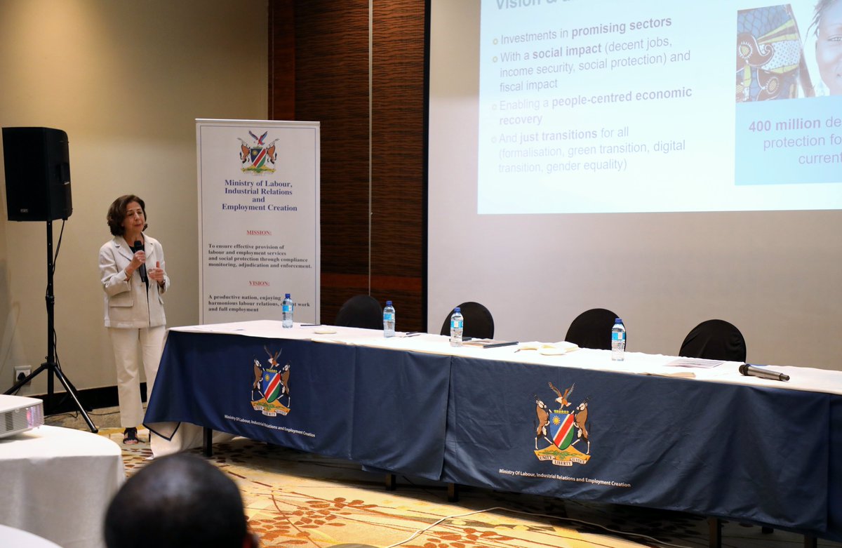 MOJLRNAM's tweet photo. The @ilo  Mission today carried out a high level briefing with Executive Directors and Executive Officers of key Ministries and Institutions.

@UNNamibia @ilo_pretoria @iloharare 
#mlirec #EmploymentCreation  #UnitedNations #InternationalLabourOrganization #GlobalAccelerator https://t.co/vI0BjxQQSM