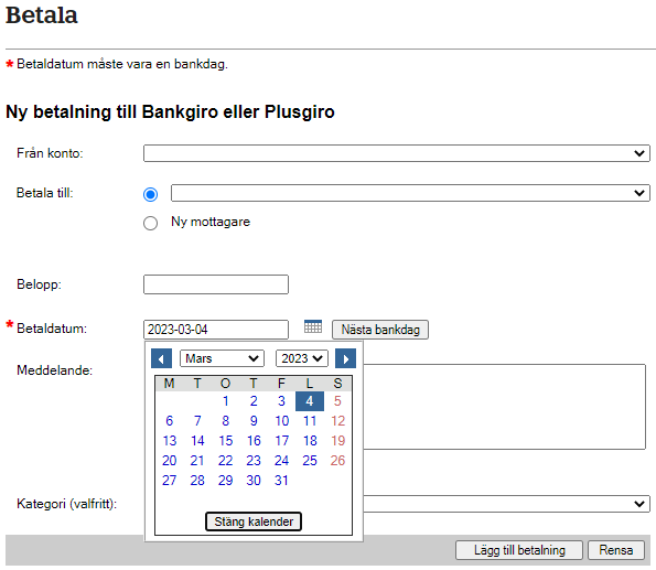 Hej <a href="/handelsbanken/">Handelsbanken</a>! Om betaldatum måste vara en bankdag – varför går det ens att välja icke-bankdagar i kalendern? Och varför justerar ni inte bara till dagen före automatiskt? #poorUX #UX #uxdesign