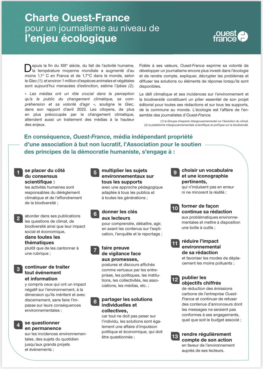 «Les médias ont un rôle crucial dans la perception qu’a le public du changement climatique», selon le #Giec
@ouestfrance se dote d'une charte pour un journalisme au niveau de l'enjeu écologique : pour encore mieux expliquer, décrypter les problèmes et diffuser les solutions
