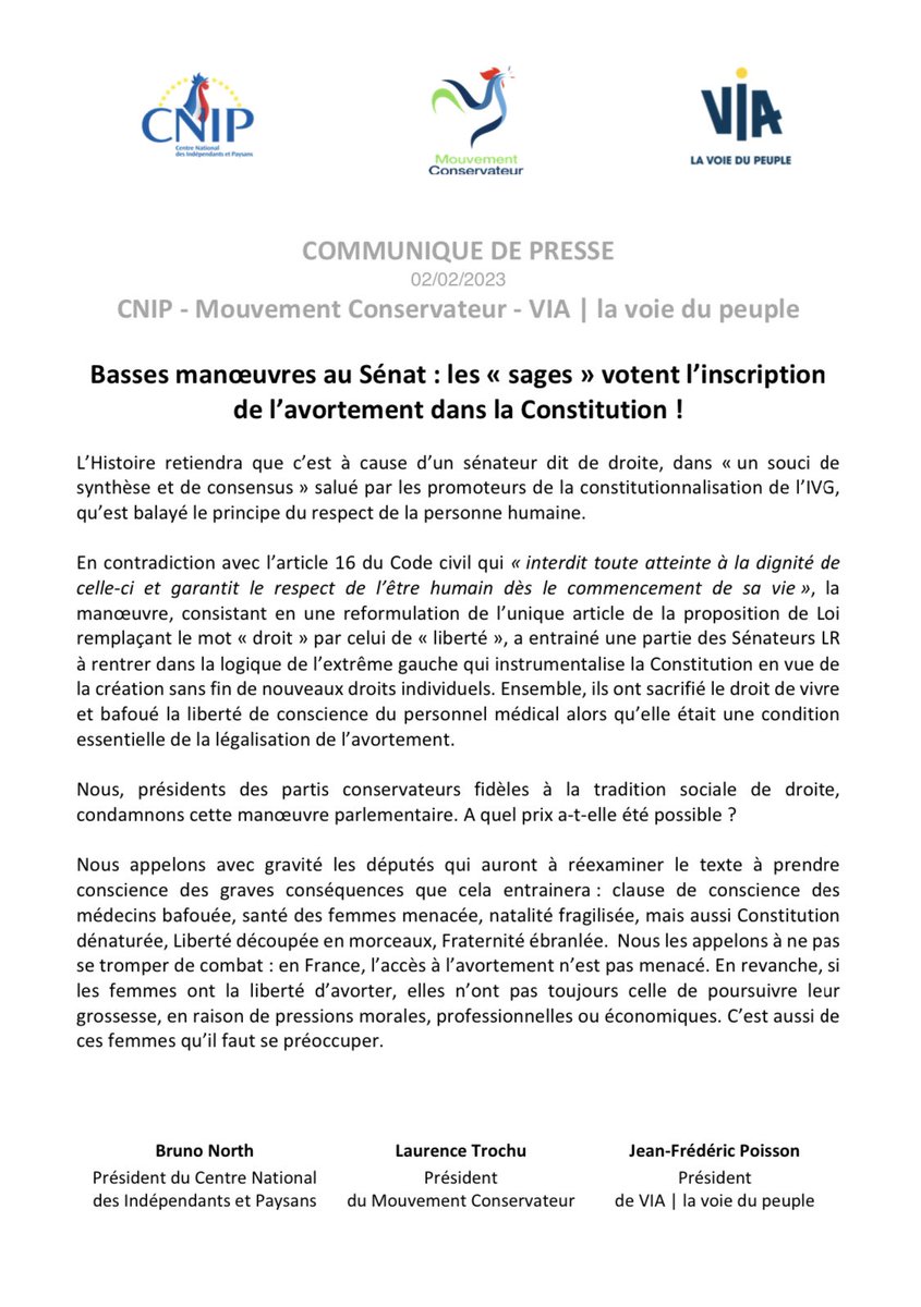 LaurenceTrochu's tweet photo. L’Histoire retiendra que c’est par un sénateur @lesRepublicains @lesRep_Senat, dit « de droite », qu’est balayé le principe fondamental de respect de la personne humaine #IVGDansLaConstitution Retrouvez mon communiqué avec @jfpoisson78 et @BrunoNorthCNIP https://t.co/Wu0A2OXKEA