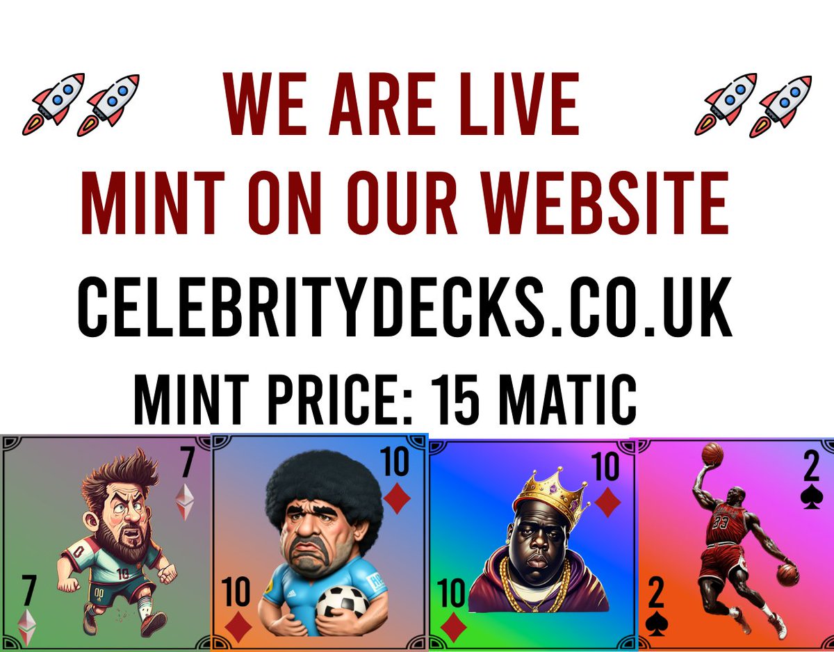 CelebrityDecks's tweet photo. 🔥🔥🚀WE  ARE LIVE FOR MINTING 🔥🔥🚀
🚀MINTING  SITE 🌐https://t.co/uzfL1DJpIj
  🚀Join Discord:https://t.co/B6wmSBSkBN
#NFTs  #NFTart #NonFungible #CryptoArt  #BlockchainArt  #DigitalArt  #BTC  #NFT  #NFTcollectors #NFTmarket  #NFTCommunity https://t.co/mRSnT3ec7t