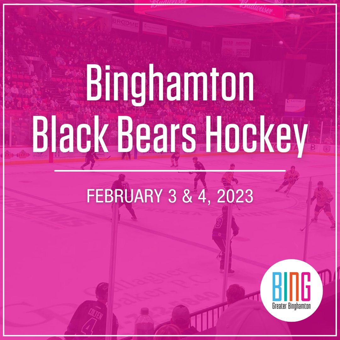 VisitBinghamton's tweet photo. The Binghamton Black Bears have NINE home games in February! Catch two games this weekend at the Visions Veterans Memorial Arena when they face the Delaware Thunder!
#visitbing #bingthings #blackbearshockey https://t.co/sTeCWuPOUj