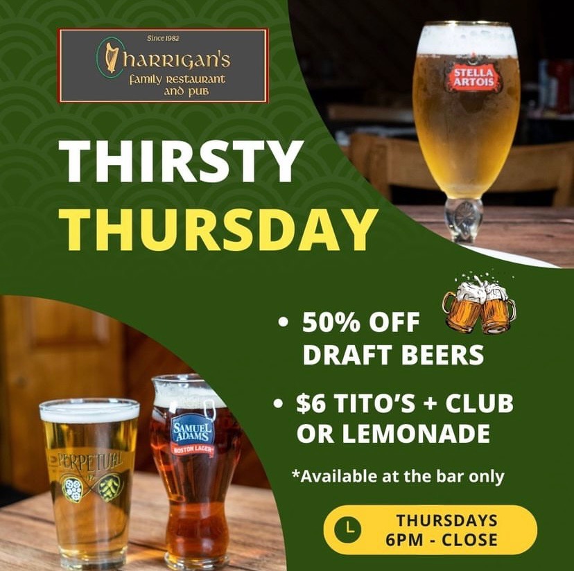 HarrigansNJ's tweet photo. It's Thirsty Thursday! We have deals on draft beers and Tito's cocktails starting after 6pm 🍻 #ThirstyThursday #Harrigans #MontvilleNJ #NJEats https://t.co/aOuSthm8oK