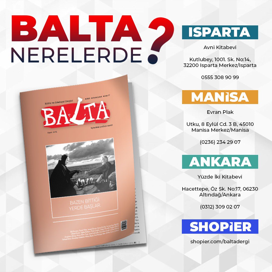 Balta Dergi’yi temin edebileceğiniz yerlerde bu ay. (: