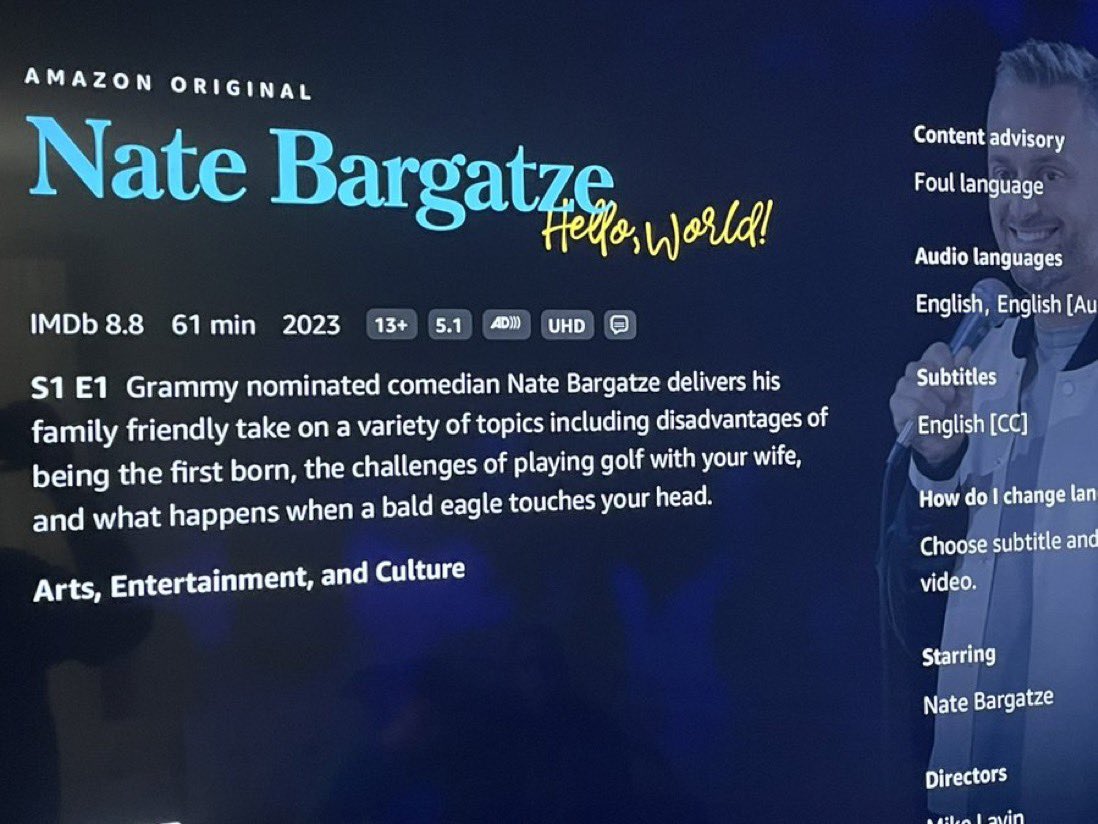scottlaughs's tweet image. Watched the new @natebargatze special #HelloWorld on @PrimeVideo . As usual, Nate is hilarious, but the best joke might be the content advisory for foul language. Nate Bargatze voice: “I don’t think the person rating my special has ever seen my standup a day in their life.”