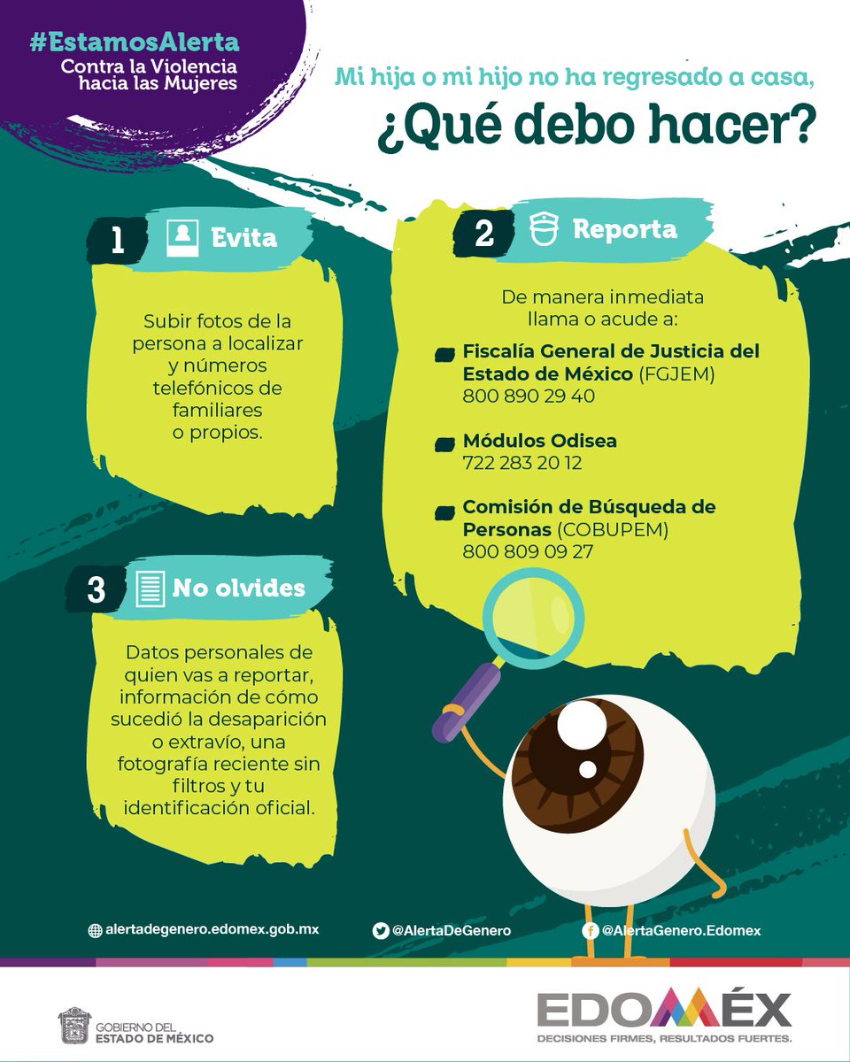 AlertaDeGenero's tweet photo. Si tu hija o hijo no regresa, no esperes 72 horas para reportar. Realiza la denuncia de manera adecuada, aquí te dejamos los pasos:
#AlertasDeGenero https://t.co/GfFVQ1CQpV