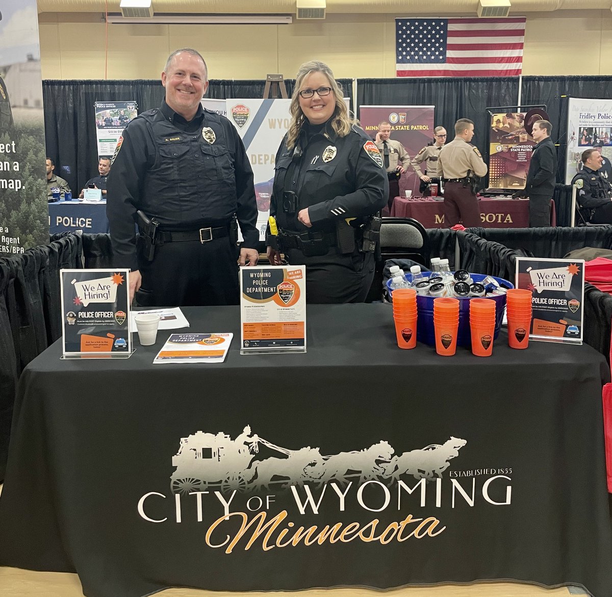 wyomingpd's tweet image. Officer Columbus and Chief Bauer are at the Alexandria Technical College Law Enforcement job fair today, looking for our next Wyoming PD police officer! Wish us luck.