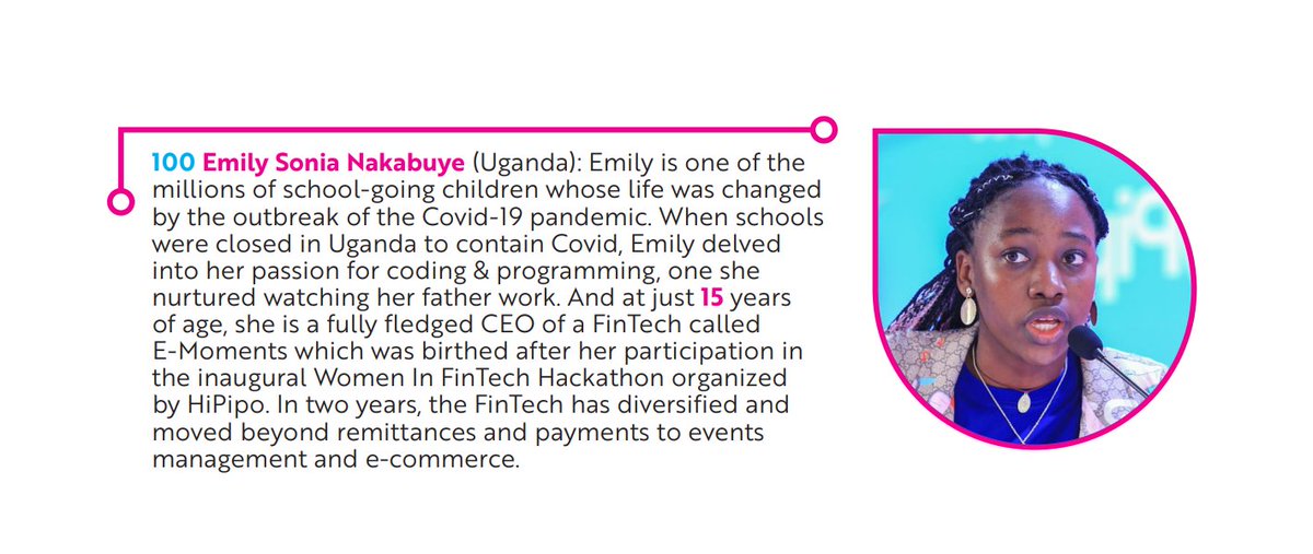 hipipo's tweet photo. Here is a LIST of the 100 #WomenInFinTech 👇👇

100 @Queen_Emilliana (Uganda): At just 15 years of age, she is a fully-fledged CEO of a #FinTech called E-Moments which was birthed after her participation in the inaugural Women In FinTech Hackathon. 

#LevelOneProject https://t.co/8TLBYPDPlw