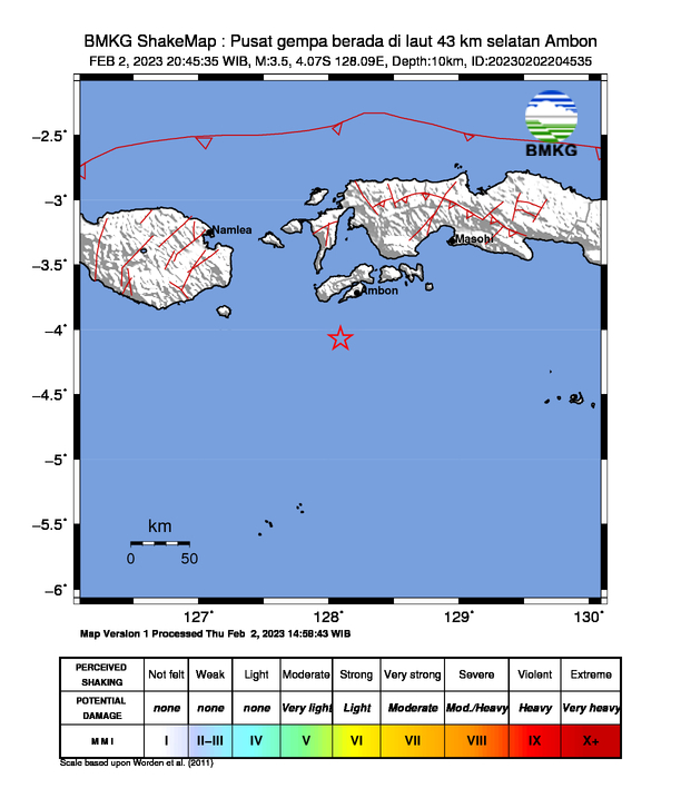 #Gempa (UPDATE) Mag:3.5, 02-Feb-23 20:45:35 WIB, Lok:4.07 LS, 128.09 BT (Pusat gempa berada di laut 43 km selatan Ambon), Kedlmn:10 Km Dirasakan (MMI) II Ambon #BMKG