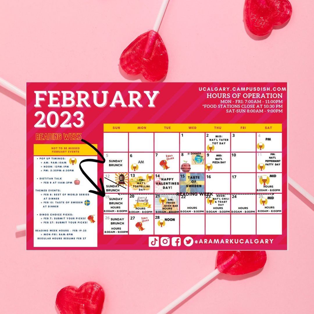 Exciting events happening at The Landing! Check out February's Events Calendar on the website at ucalgary.campusdish.com/en/LocationsAn…  😀