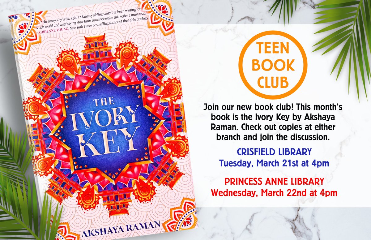 Join our book club! Check out copies at either branch or download a copy from Hoopla and join the discussion. 📖🗝 #teenbookclub #teenread #theivorykey
