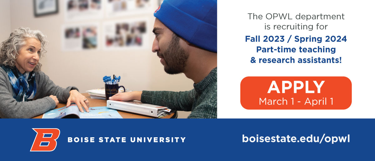 BoiseStateOPWL's tweet photo. On March 1 OPWL will be accepting applications for part-time teaching- and research-assistant positions for fall 2023 and spring 2023. Learn more about the TA and RA positions here; https://t.co/LqEJ5j6o6W  

#professionaldevelopment #OPWL #boisestate https://t.co/jUC7dAyVv1