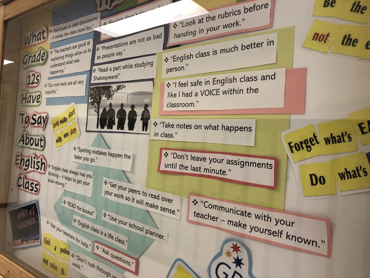 I asked the grade 12s for tips & advice after their 4 years in English class. Their thoughts helped shaped our next #EnglishDisplayCase. Gotta love “READ the books…” -the simplest advice is often the best 😊 📖