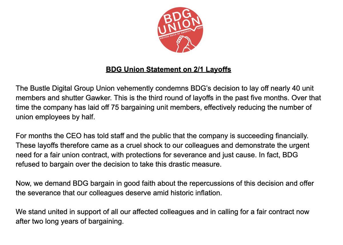 Our statement on yesterday's layoffs: #BDGFairContractNow