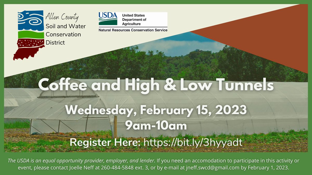AllenSwcd's tweet image. "Coffee and" is back! Join a discussion with NRCS's Indiana State Urban Conservationist, Cara Bergschneider, about season extension using high tunnels and low tunnels. 
us02web.zoom.us/meeting/regist…

#localfood #urban #hightunnel #lowtunnel #seasonextension #nrcs #usda #learn #garden