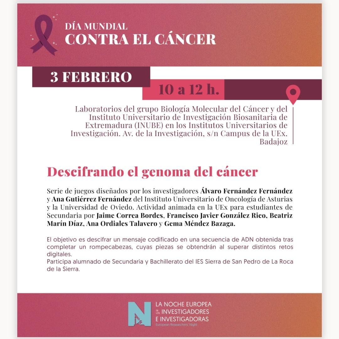 iesrocaba's tweet photo. Los alumnos de Biología,participarán en el taller:"Descifrando el genoma del Cáncer".El objetivo es descifrar un mensaje codificado en una secuencia de ADN obtenida tras completar un rompecabezas cuyas piezas se obtendrán al superar distintos retos digitales. https://t.co/U5KutPf7UJ