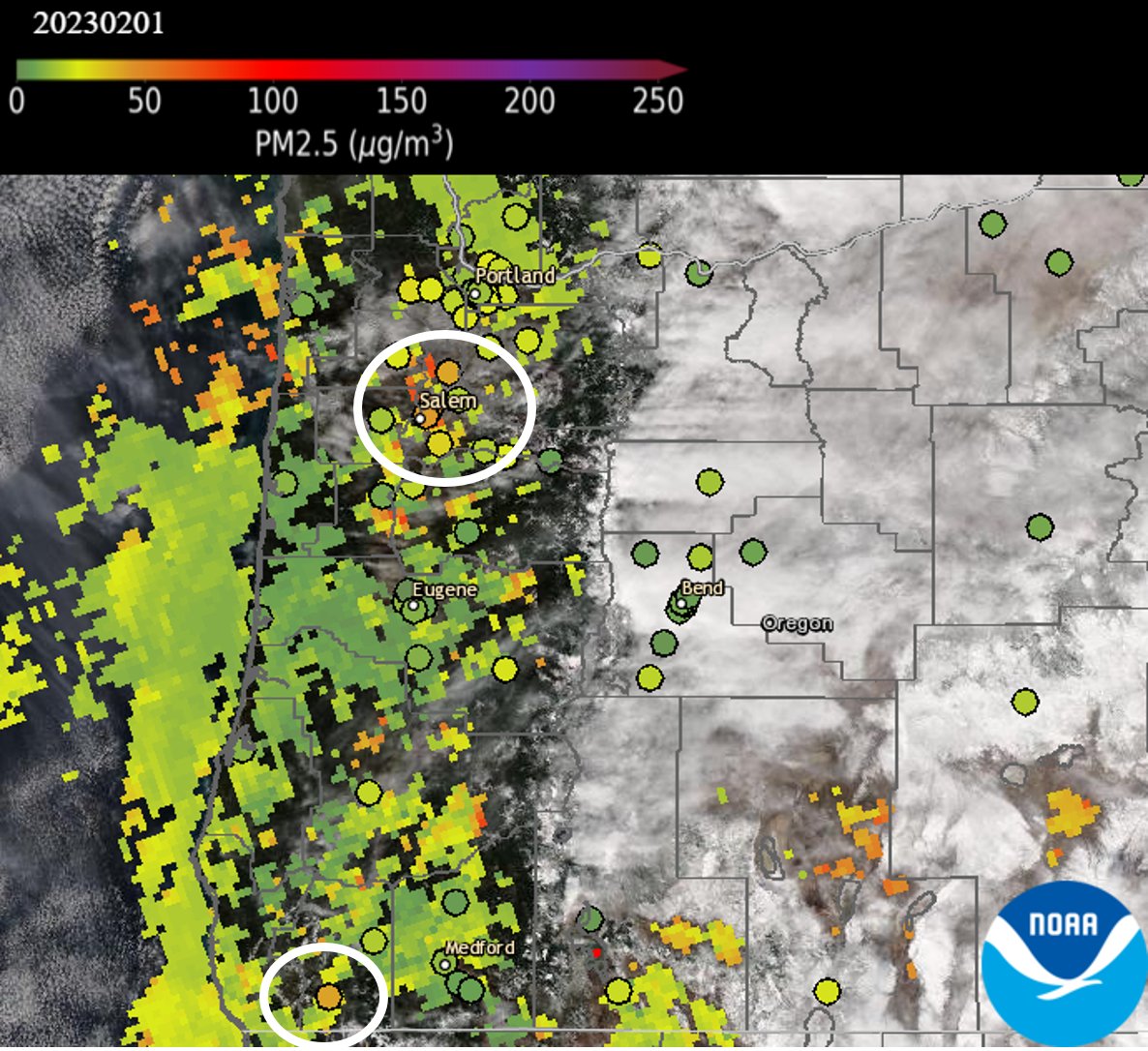 AerosolWatch's tweet photo. Daily PM2.5 #AirQuality reached Unhealthy for Sensitive Groups (Code Orange) 1 Feb in #Salem & #CaveJunction #Oregon (circled); PM2.5 estimated from @JPSSProgram #VIIRS aerosol optical depth (colored shading) shows areas of Code Orange/Yellow PM2.5 extended along W. #Oregon. https://t.co/p6OLyM2Yww
