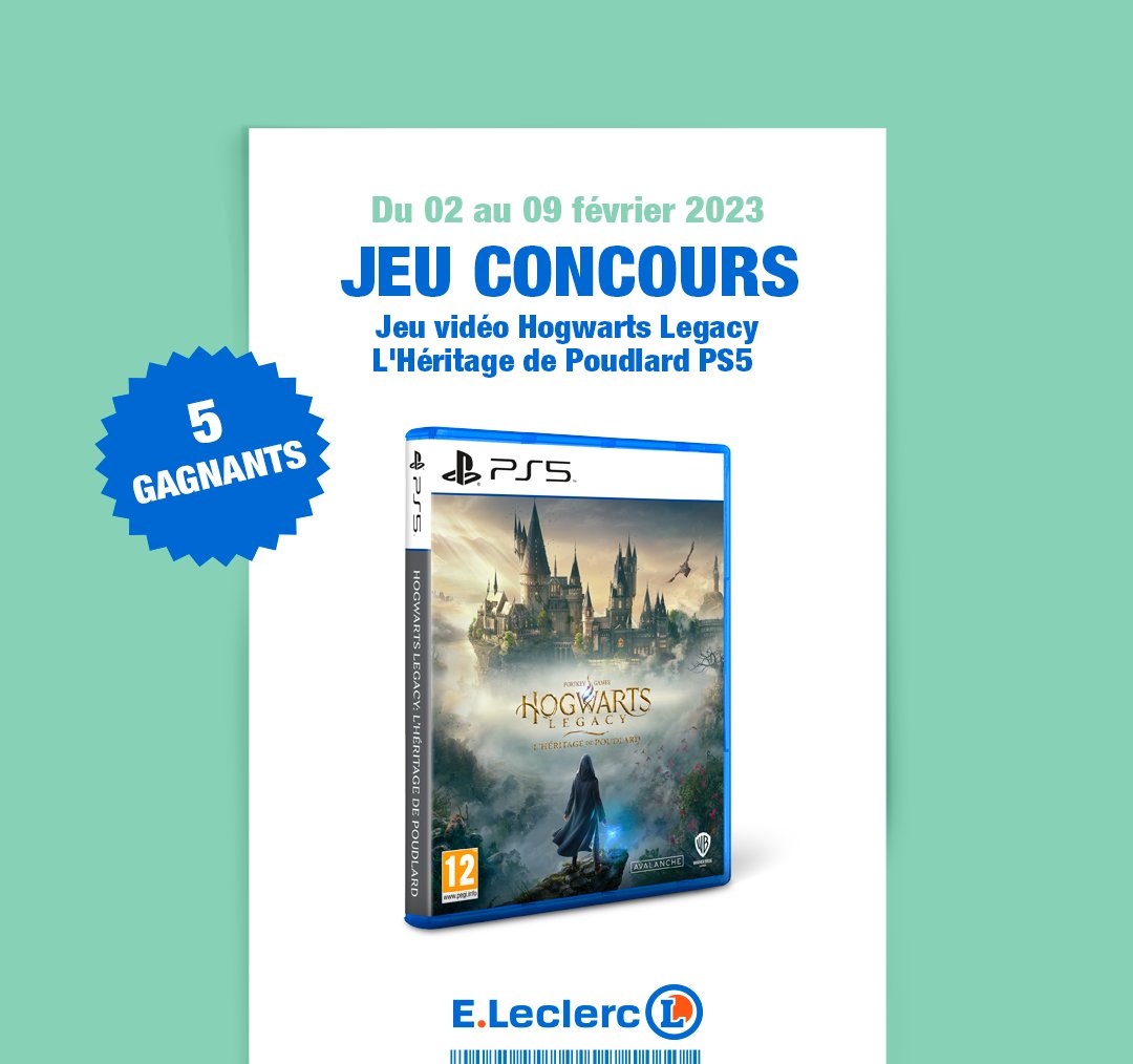 Leclerc's tweet image. Bonjour à tous (sauf les Moldus) !🧙‍
Remportez votre édition du nouveau jeu vidéo #HogwartsLegacy sur #PS5 et plongez dans la sombre histoire de l'héritage de #Poudlard.
Règles du #concours 👇