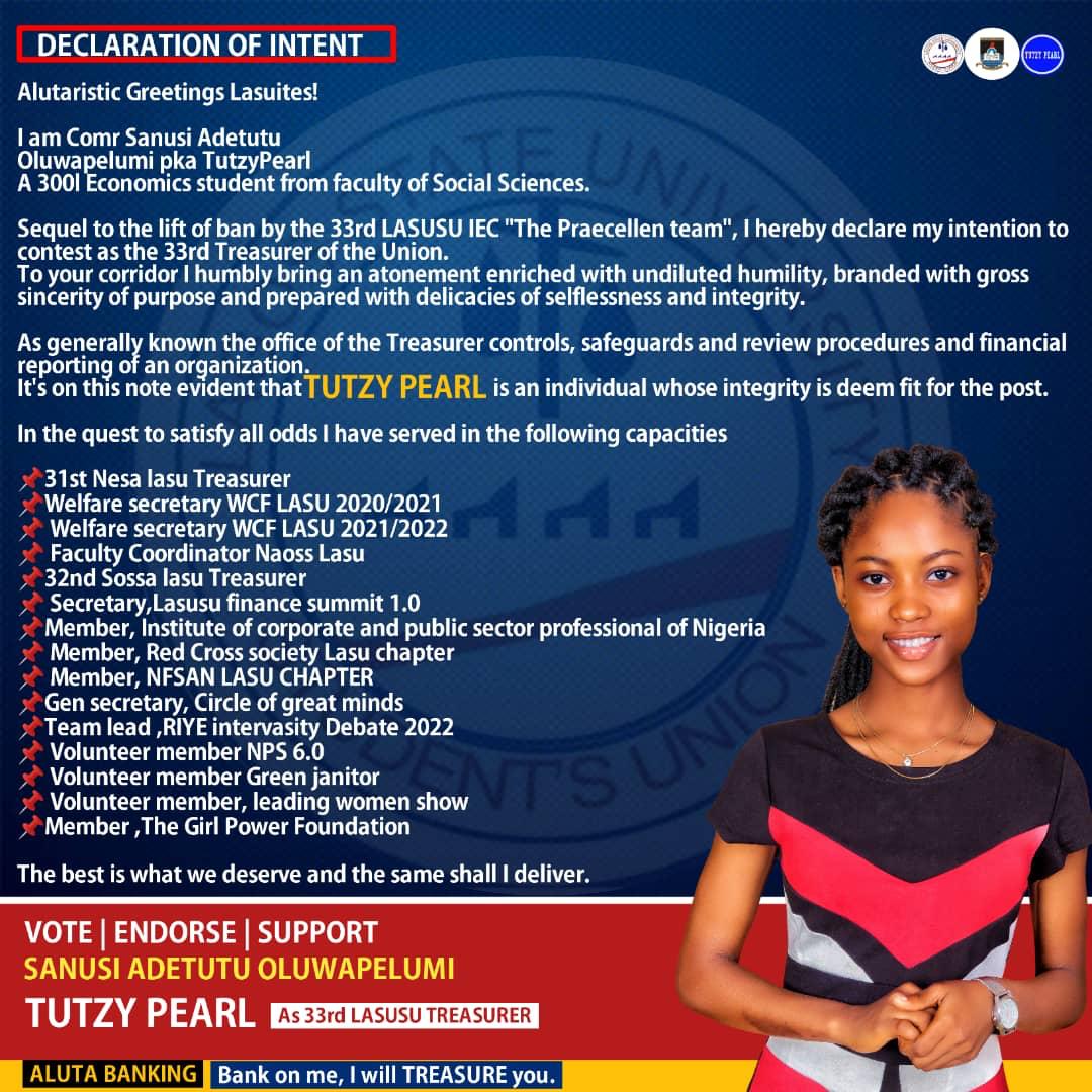 TutzyPearl's tweet image. To adequately secure the Treasury of our dear Union @lasusu_official

Support|Endorse|Preach|Vote

          TutzyPearl as 33rd Lasusu Treasurer✔️
#ThinkExperience
#ThinkIntegrity 
#ThinkCompetence
#TutzyPearl4LasusuTreasurer