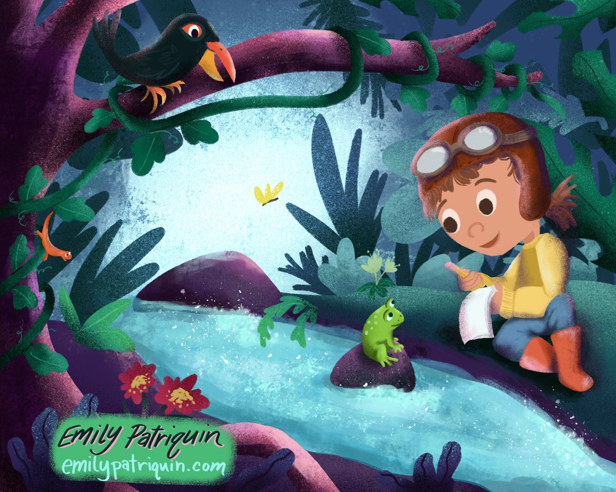 emmaPatriquin's tweet photo. It’s #KidLitArtPostcard  day! 🐸 My name is Emily and I enjoy drawing fun characters in colorful settings! I’m looking for projects and representation. Check out my portfolio at https://t.co/B1WvRQOFir https://t.co/R0kM06Ca5r