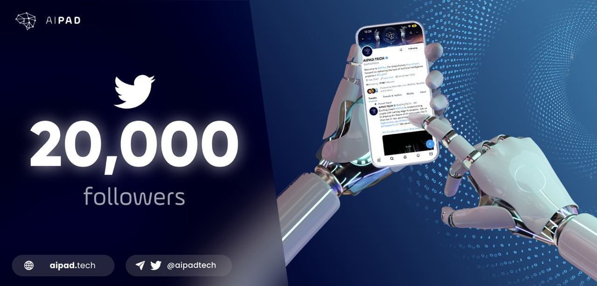 AIPADTECH's tweet image. 🔥#AiPad has reached 20k followers on Twitter!

🥳 We are grateful of the community growth achieved over the past few weeks.

✍️ The best is yet to come!

🕸 AIPad.tech

$grt $agix $imgnai $pixia $aipad $btc $eth $bnb $fet $ocean #crypto #bullish #ido #launchpad