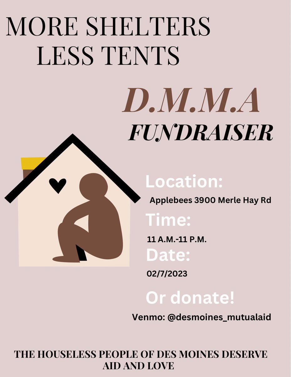 DesMoinesBLM's tweet photo. DMMA fundraiser on Tuesday, Feb 7 at Applebees on Merle Hay!

Dine-in at Applebee’s at 3900 Merle Hay Rd. or order through Doordash and choose any of the items on the second image, a portion of proceeds will go directly to DMMA’s work to keep our houseless neighbors warm. 🤍 https://t.co/KLP8CNRvFv