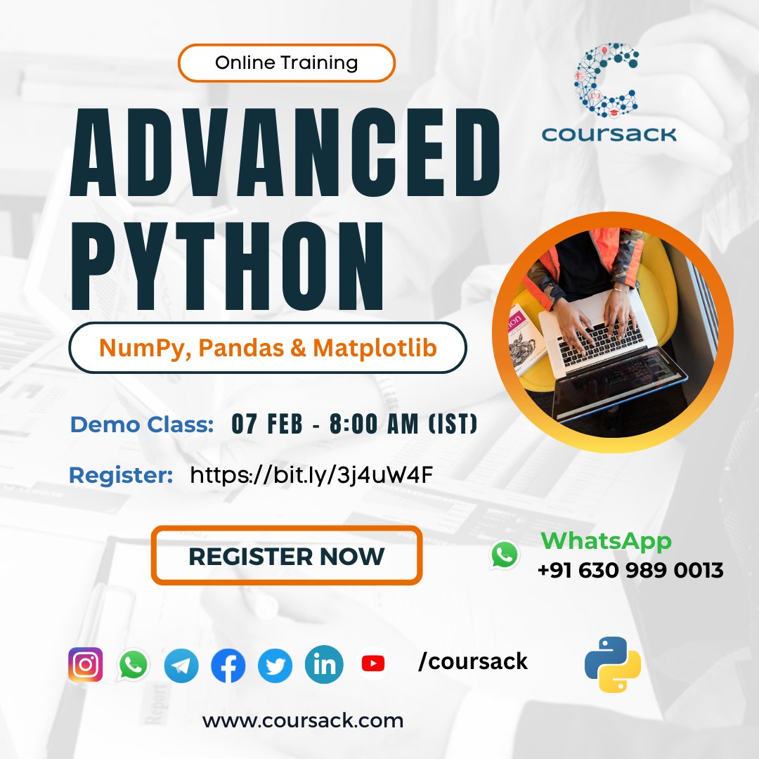 coursack's tweet photo. π₯Advanced Python Online Training π₯including NumPy, Pandas, Matplotlib and many more.
β
Demo Class: 07/02/23 - 8 am IST
π Register: https://t.co/PkLIt7ufP6
#coursack #onlinetraining #python #pythontraining #numpy #jobsearching #usaindians #studentlife #pythonprogramming https://t.co/FHghCXOkYu