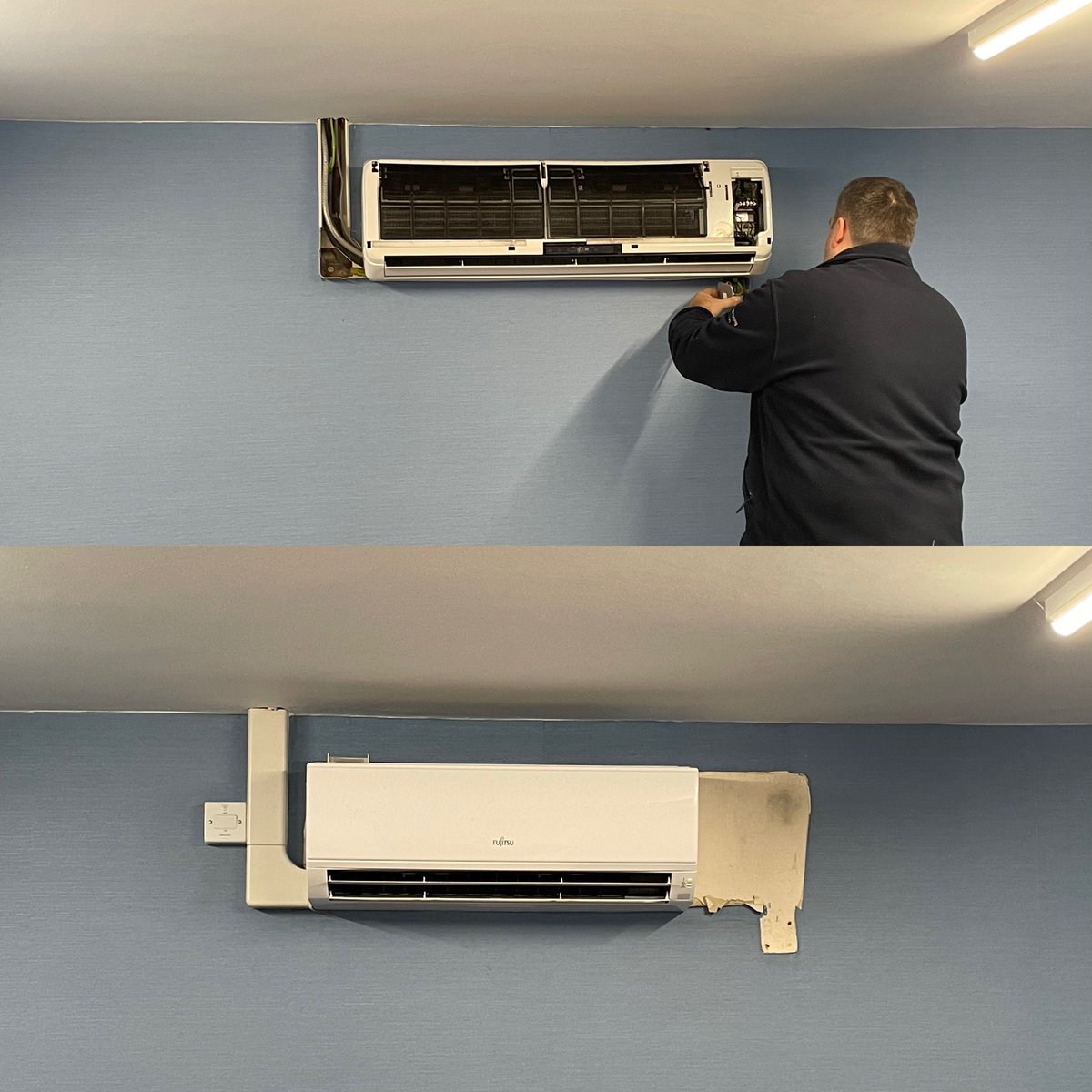 A2EServices's tweet photo. Out with the very old and in with the new. Air conditioning has moved on a lot since the first unit was fitted so a bit of decorating is needed. #airconditioning #heating #energyefficient https://t.co/ngWNSI3tDq