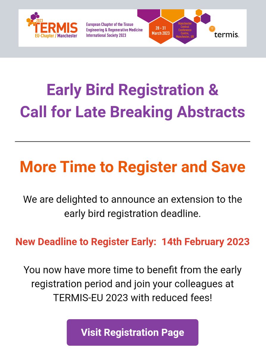 TERMIS SYIS EU (@syiseu) on Twitter photo Have you heard? 👂
Early bird registration extended until February 14th 💜 for <a href="/TermisEU2023/">TERMIS EU 2023 Manchester</a>!
Late breaking abstract submission is still open in until 20th February 📃
Draft of the program also available 🗓️ Have you heard? 👂
Early bird registration extended until February 14th 💜 for <a href="/TermisEU2023/">TERMIS EU 2023 Manchester</a>!
Late breaking abstract submission is still open in until 20th February 📃
Draft of the program also available 🗓️