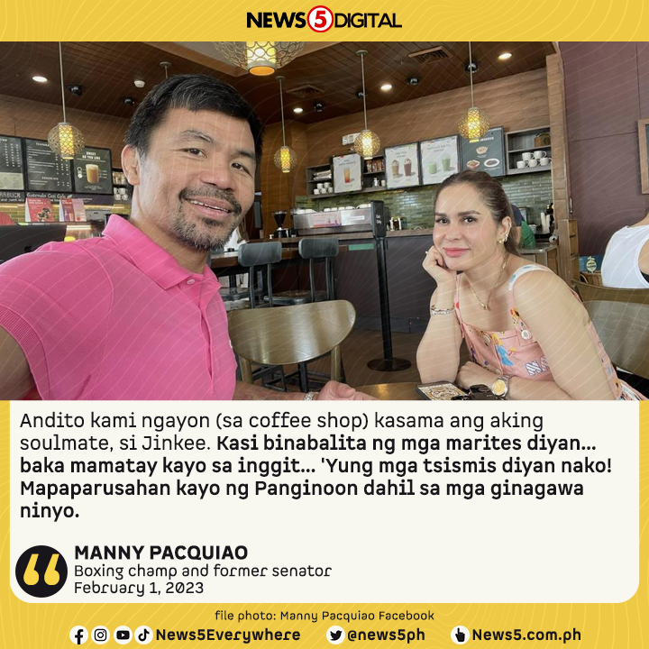 News5PH's tweet photo. "MAMATAY KAYO SA INGGIT..."

May mensahe si dating senador Manny Pacquiao sa mga aniya'y marites na nagkakalat ng tsismis na hiwalay na umano sila ng asawa niyang si Jinkee. #News5 https://t.co/SyRxDFJuSA