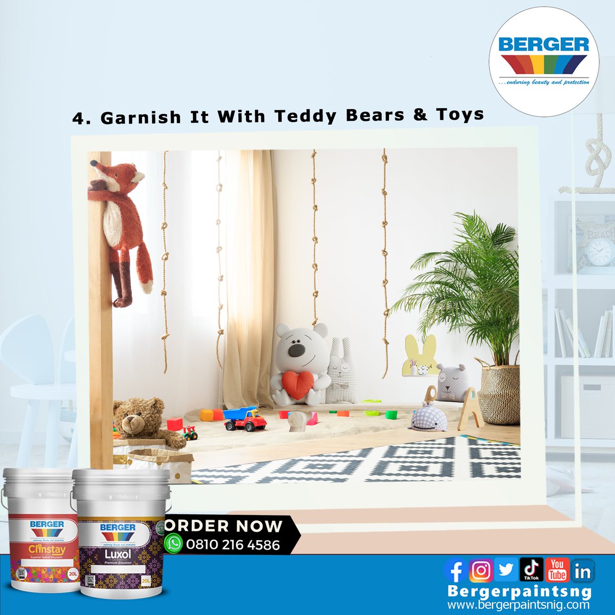 Bergerpaintsng's tweet photo. 3. Introduce beautiful lighting(s).
4. Garnish their room with teddy bears and toys.
5. Consider pattern painting (children love colours).
Don't forget that when you make the house better for kids, you make it better for everyone.
#refreshyourspace #bergerpaints https://t.co/lINc9WCMPW