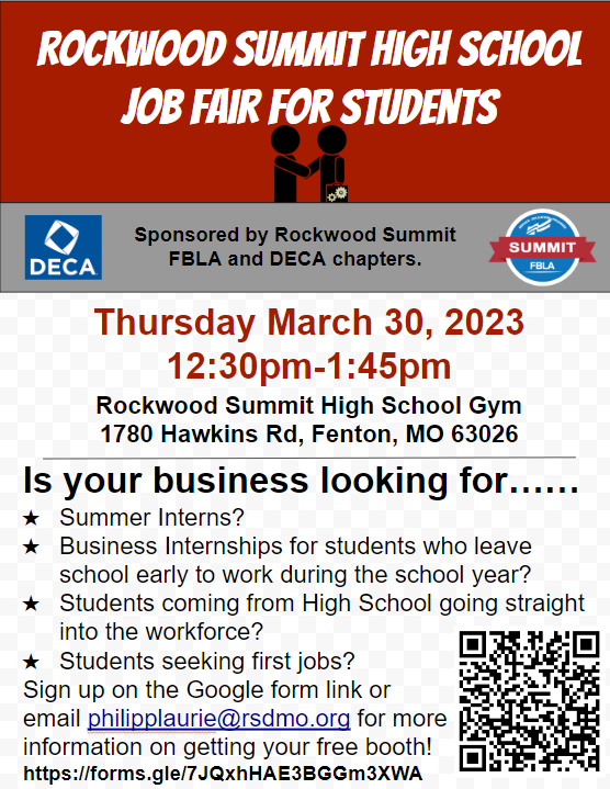 We be having a student job fair on Thursday March 30th.  If your business is interested in participating please sign up on the google form- forms.gle/idMxKsrzL48HRw…