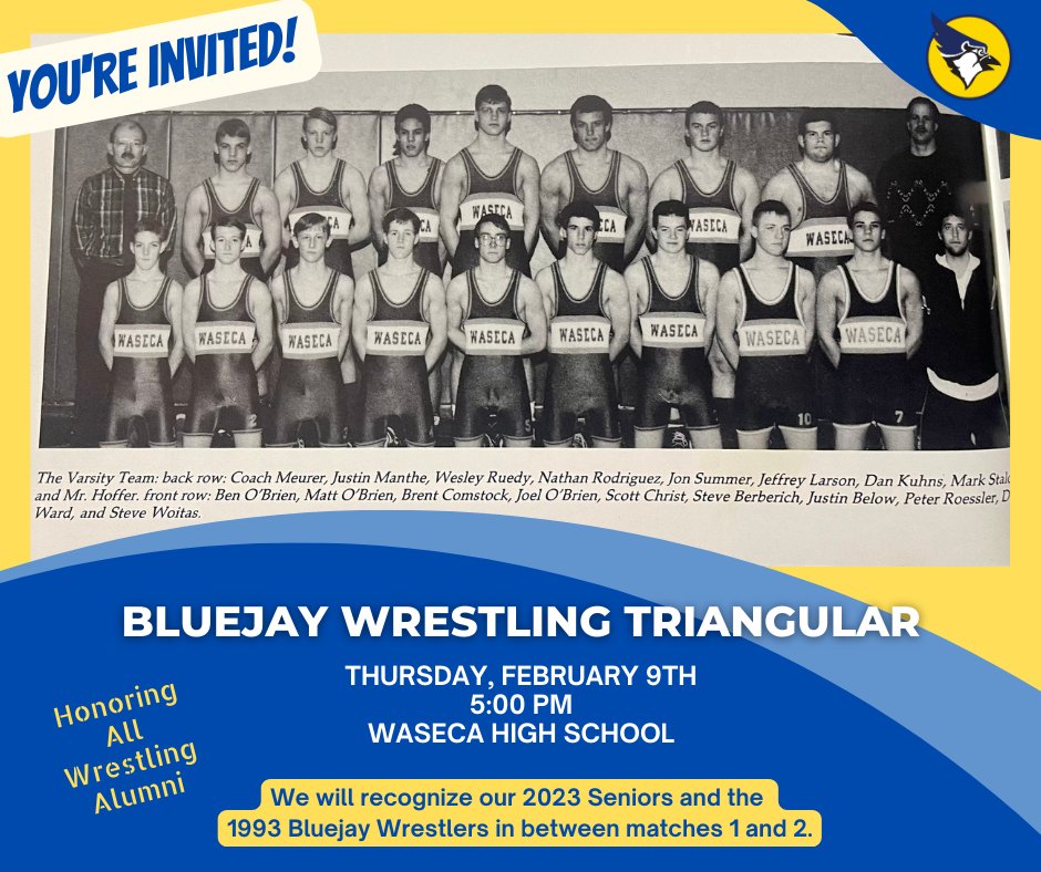 WasecaBluejays's tweet photo. Join us next Thursday night for this special event at our final home wrestling triangular of the season! https://t.co/6lUnU6Kcue