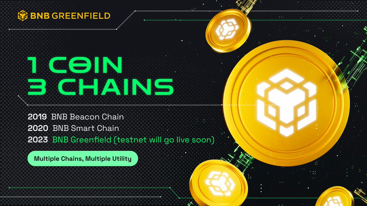BNBCHAIN's tweet image. One coin, multiple chains, multiple utilities.

BNB Greenfield will expand the use case for #BNB

The blockchain will utilize BNB as its native token and will officially be the 3rd blockchain in the BNB ecosystem after BNB Beacon Chain &amp;amp; BNB Smart Chain.