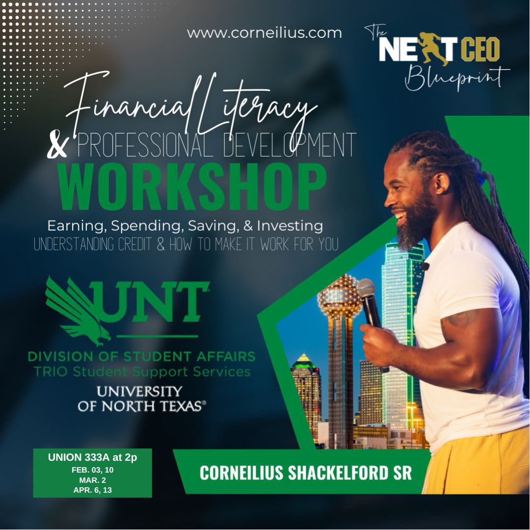 Tomorrow starts the first of our 5 Session Workshop at <a href="/UniversityofNo8/">University of North Texas</a> where we will introduce our Money Management System to the future leaders and difference makers of tomorrow.

If you have a student on campus, direct them to The Next CEO Blueprint! 

 #financialliteracy