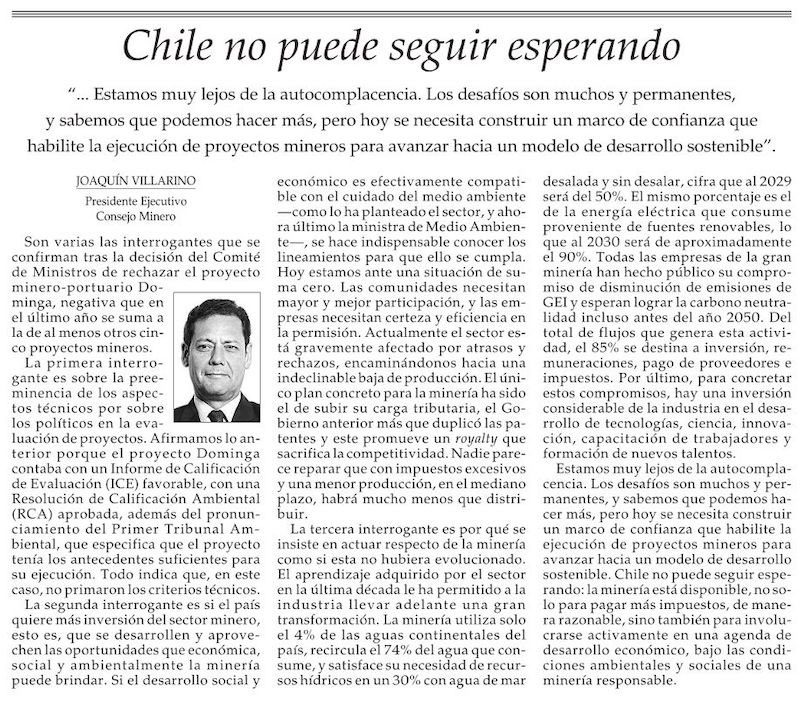 En <a href="/ElMercurio_cl/">elmercurio_cl</a> analizamos el escenario actual de la minería, que nos lleva a preguntarnos si el país realmente quiere más inversión minera y aprovechar las oportunidades que económica, social y ambientalmente la industria puede brindar. 
Chile no puede seguir esperando.