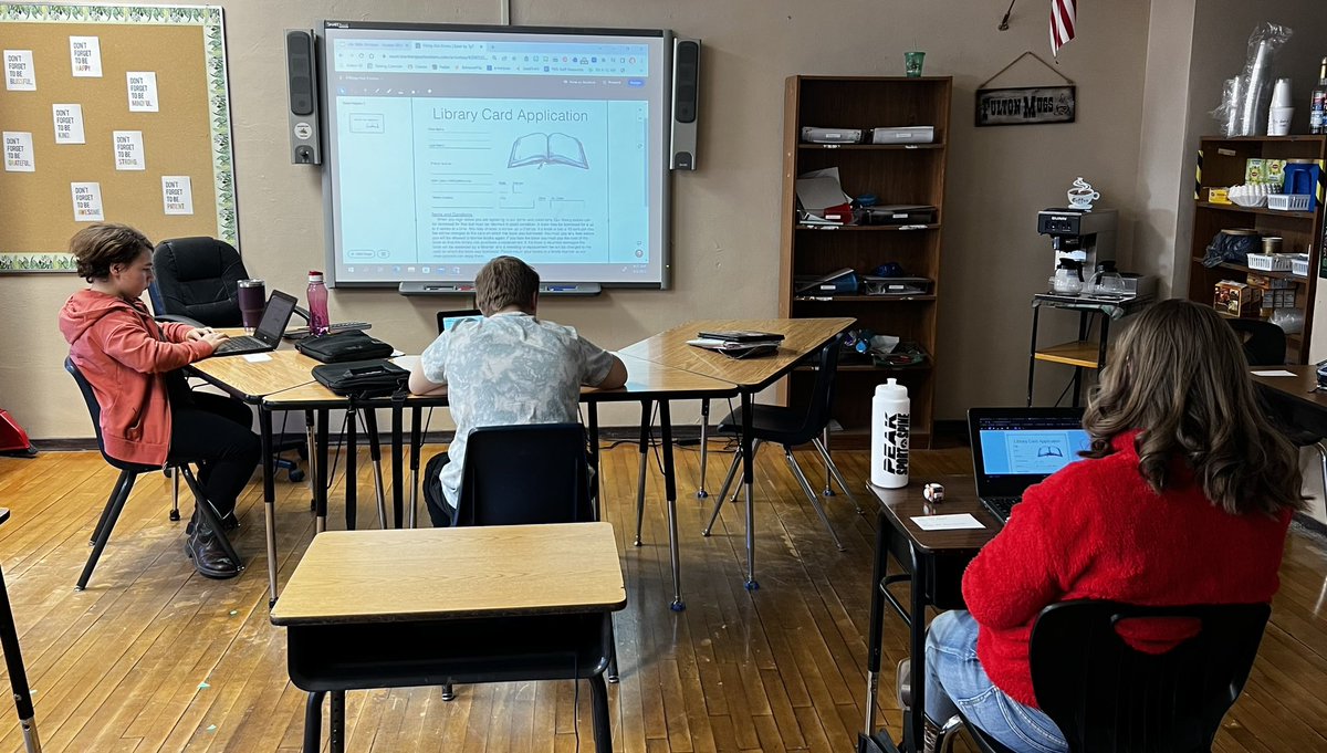 RaebelAngie's tweet photo. Practicing filling out a library card application in Life Skills Class today. #fmsteach @BethHouf https://t.co/G8847OAV2J