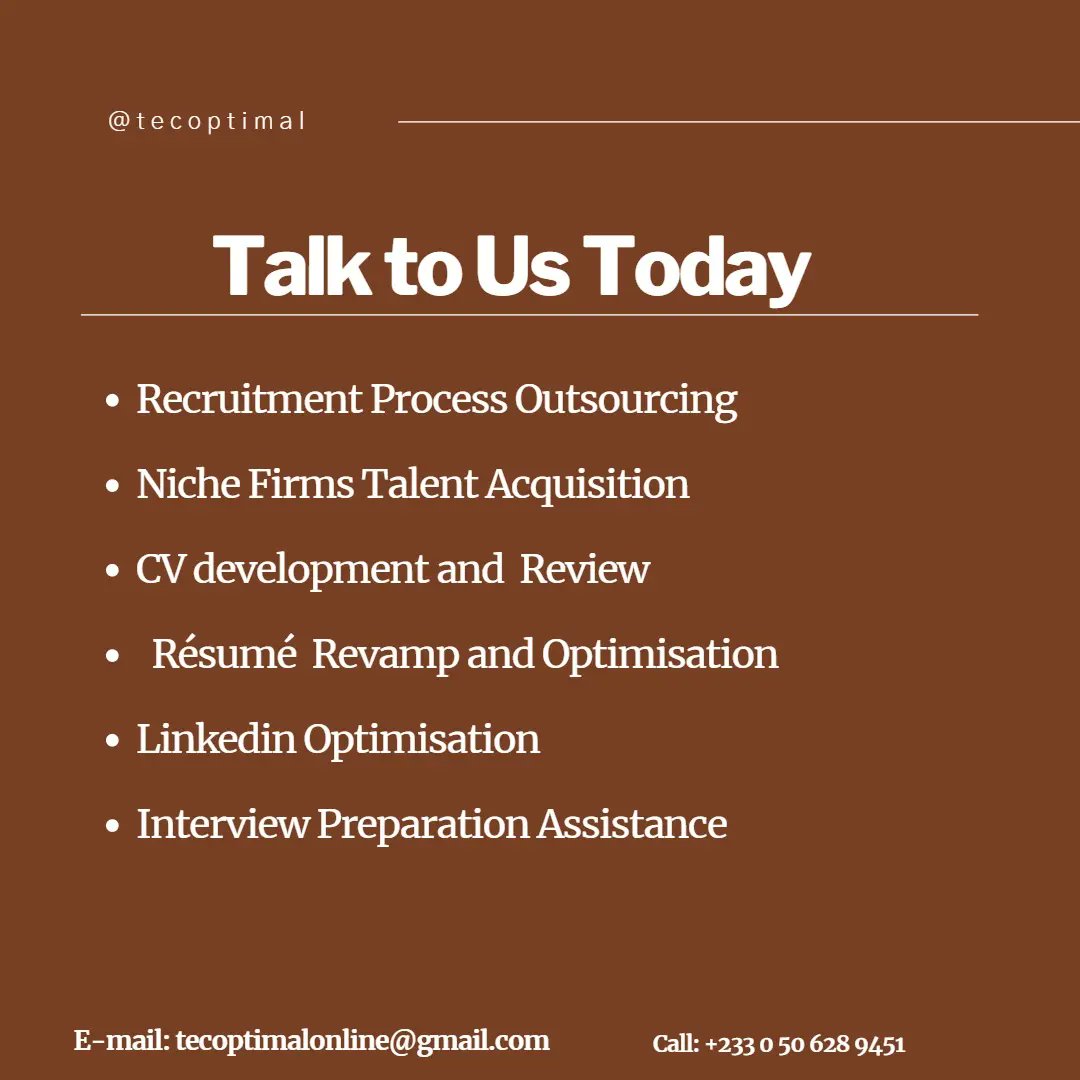 To sign up or subscribe to any of our niche solutions, send an email to tecoptimalonline@gmail.com or call +233 050 628 9451 
.
.
#explore #tecoptimal #recruitmentprocessoutsourcing #nichefirmstalentacquisition  #staffingandrecruiting #cvreviews #resumerevamp