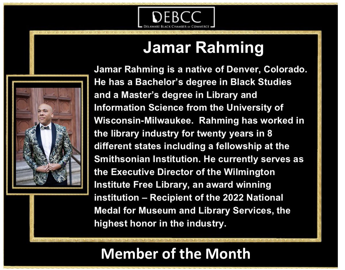 Congratulations to DEBCC’s member of the month! 
Jamar is an an amazing pillar and roll model in the community! Jamar is Black History! 

#memberofthemonth #wilmington #library #libraryservices #wilmingtonlibrary #wilmingtonlibraryde #nationalmedalformuseumandlibraryservice