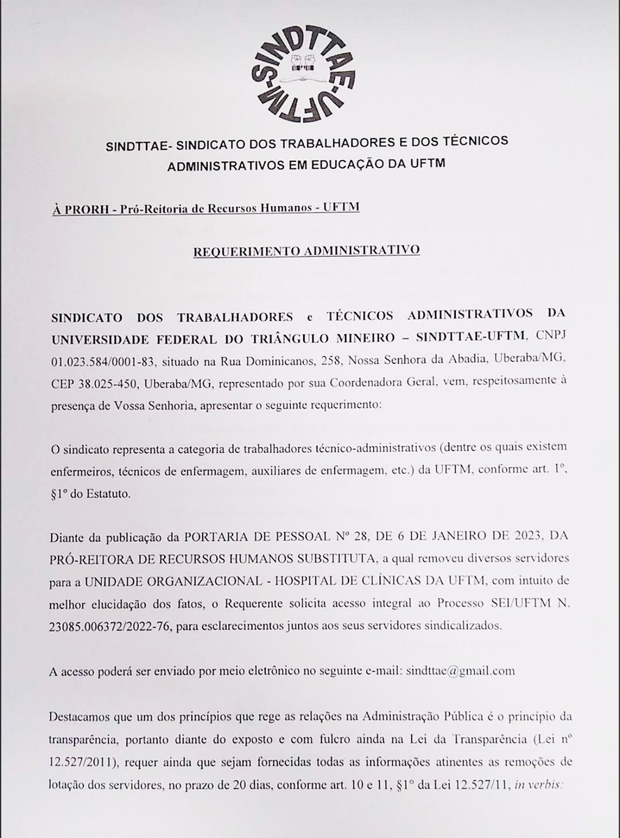 SINDTTAEUFTM's tweet photo. Requerimento junto à PRORH que solicita acesso integral ao processo SEI que removeu os servidores para o Hospital de Clínicas da UFTM. https://t.co/KOdiGwyMmz