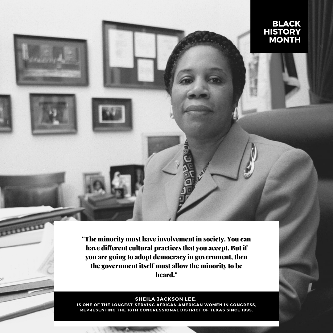 Join us in celebrating #BlackHistoryMonth 
Today we honor Sheila Jackson Lee. She is one of the longest serving African American Women in Congress. Representing the 18th Congressional District of Texas since 1995
#blackhistoryfacts #blacklegacy #blackbusiness  #SheilaJacksonLee