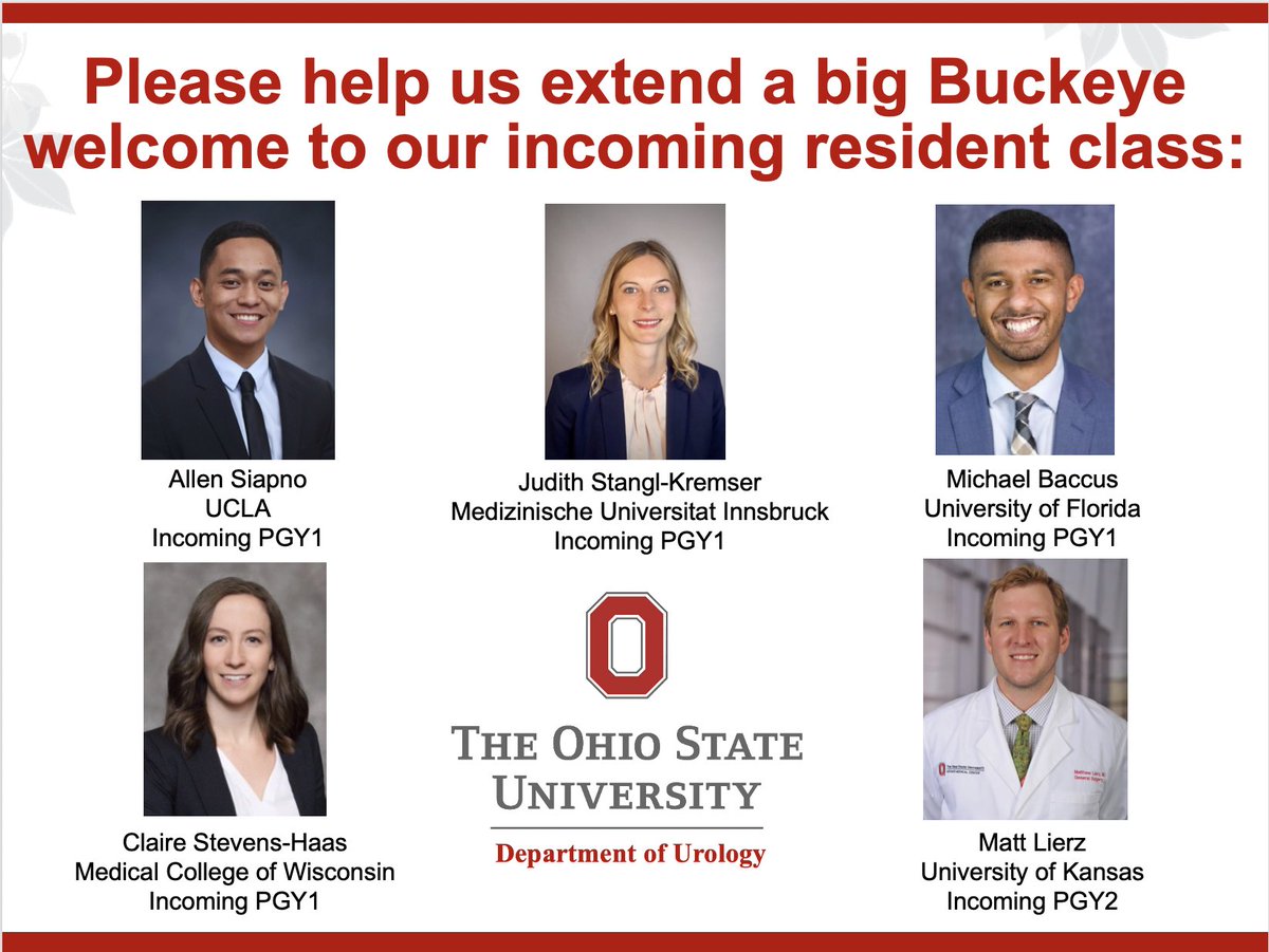 Ohio State Wexner Medical Center Urology Dept. (@osu_urology) on Twitter photo We are SO EXCITED to welcome our incoming class of #Buckeyes! Congratulations to <a href="/allen_siapno/">Allen Siapno, MD</a>, <a href="/JudithStKr/">Judith Stangl-Kremser</a>, <a href="/MichaelWBacchus/">Michael Waseer Bacchus</a>, <a href="/ClaireLockley/">Claire Haas</a>, and <a href="/MattLierz/">Matt Lierz</a> for matching with OSU Urology + #OSUWexMed! We can't wait for you to join our family soon! #UroMatch #Match2023 #UroRes We are SO EXCITED to welcome our incoming class of #Buckeyes! Congratulations to <a href="/allen_siapno/">Allen Siapno, MD</a>, <a href="/JudithStKr/">Judith Stangl-Kremser</a>, <a href="/MichaelWBacchus/">Michael Waseer Bacchus</a>, <a href="/ClaireLockley/">Claire Haas</a>, and <a href="/MattLierz/">Matt Lierz</a> for matching with OSU Urology + #OSUWexMed! We can't wait for you to join our family soon! #UroMatch #Match2023 #UroRes