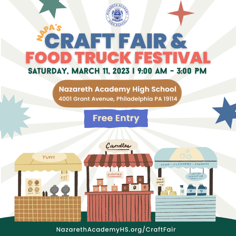 Join us on Saturday, March 11th for a day filled with a variety of craft vendors &amp; food trucks! 

Interested in becoming a vendor? Visit NazarethAcademyHS.org/CraftFair