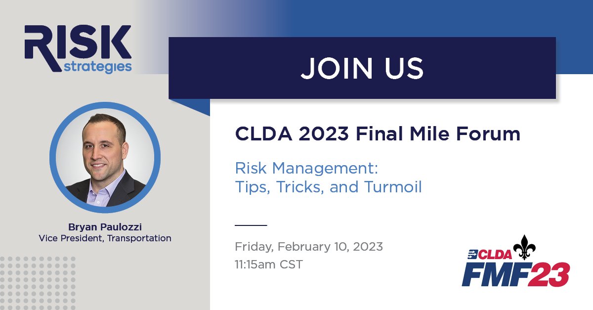 Attending CLDA's Final Mile Forum Feb 9 - 11th? Don't miss our panel discussion looking at today's insurance marketplace and managing risk trends in courier and final mile delivery. Risk Strategies Bryan Paulozzi will be there: hubs.ly/Q01B3rYx0