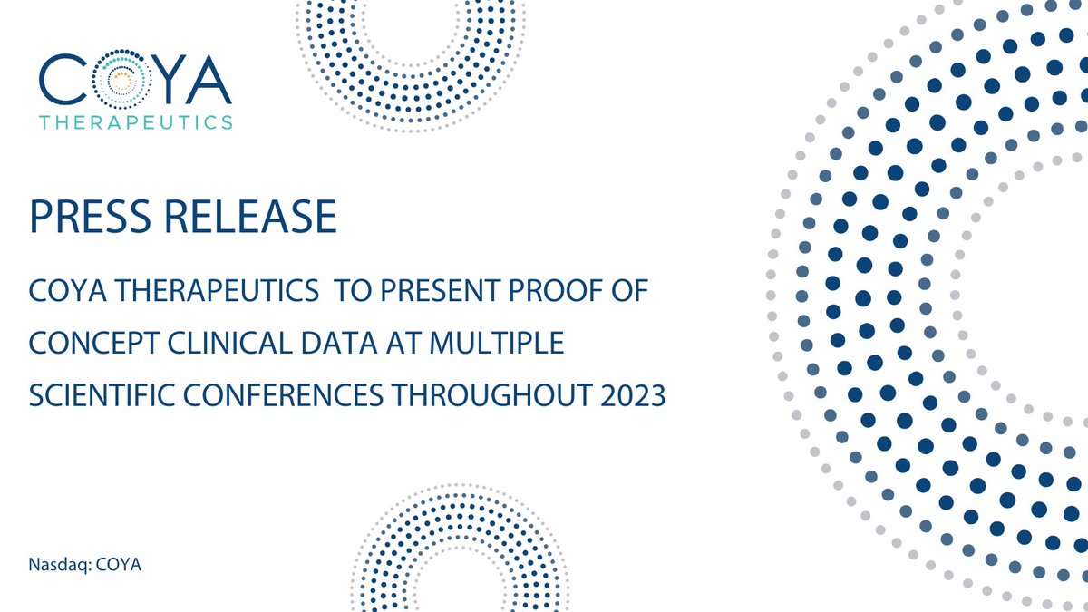 Coya will present proof-of-concept clinical data from two open-label academic studies conducted at <a href="/MethodistHosp/">Houston Methodist</a> at multiple scientific conferences throughout the year. Learn more: bit.ly/3YkWNMY $COYA