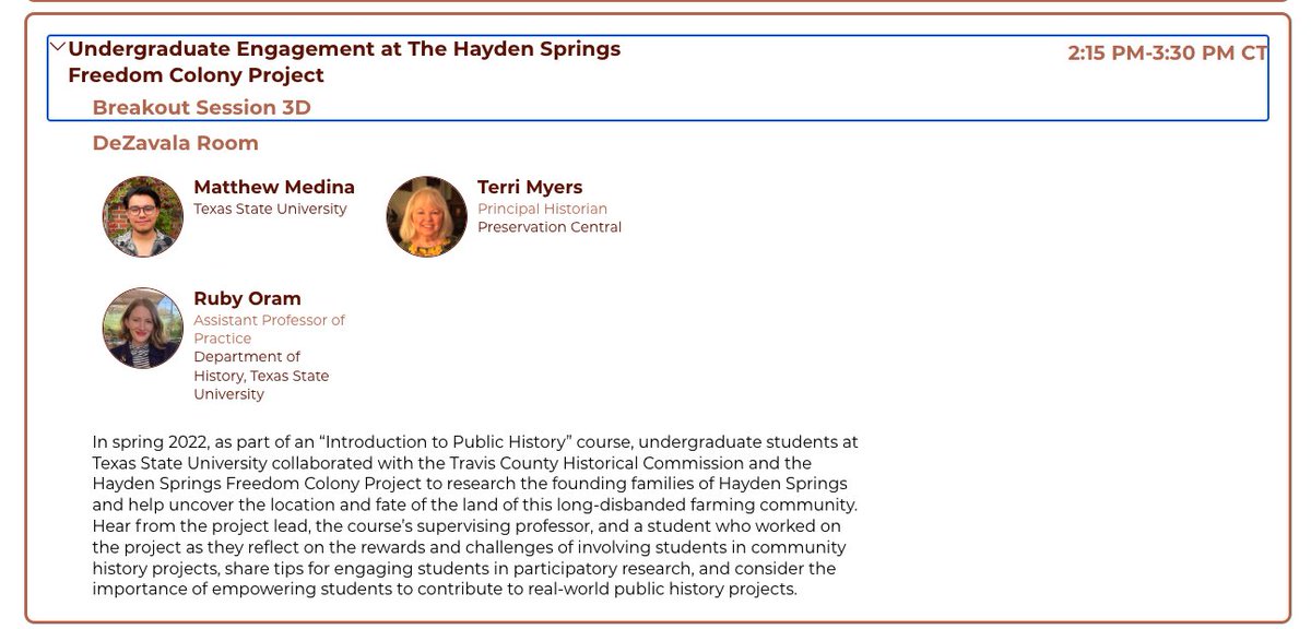rubyoram's tweet photo. Excited to present a project from my Intro to Public History class with @TXSTHistory undergraduate student Matthew Medina at the #RealPlaces23 conference today! @TxHistComm @txstla https://t.co/dHtKlpZ8fP