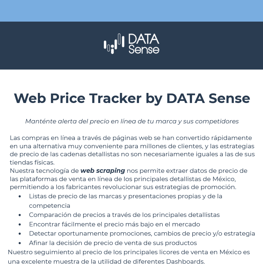 DATA_SenseMX's tweet photo. Nuestro reporte de precios de licores enero 2023 es un buen ejemplo de esta atractiva herramienta. Para recibir el dashboard en forma gratuita escriba por favor a info@data-sense.mx
#pricetracking #pricestrategy #pricing https://t.co/bkgYxCjlh2